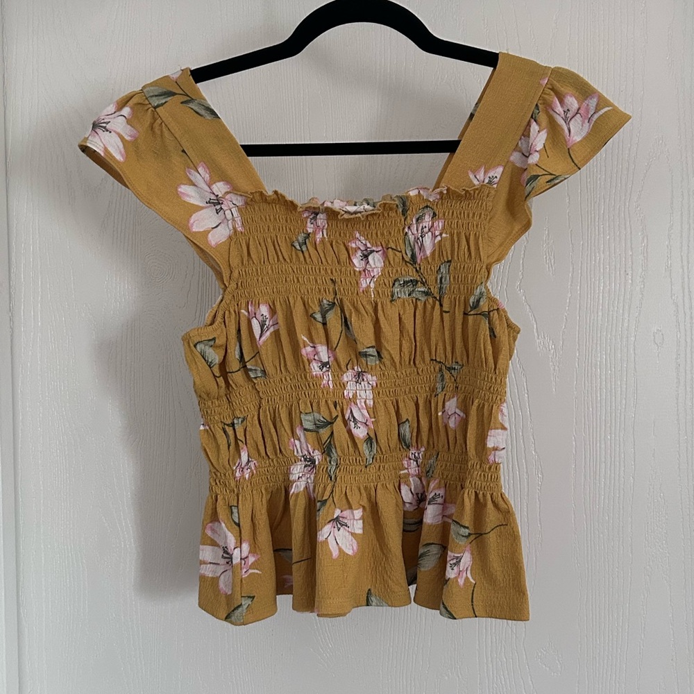 Meraki | Mustard Floral Smocked Blouse | Size Medium